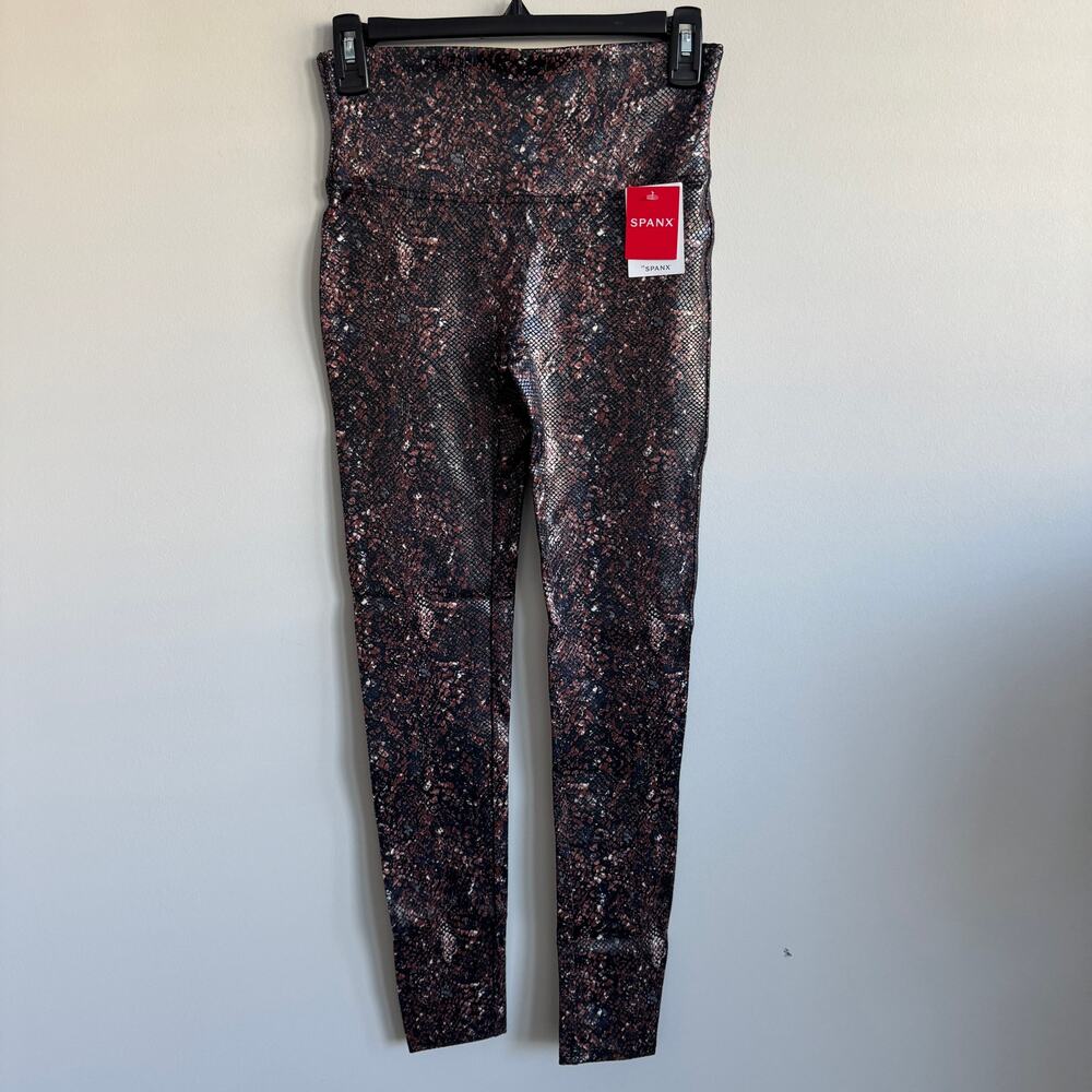 SPANX Faux Leather Snake Shine Leggings Brown Black Medium NWT